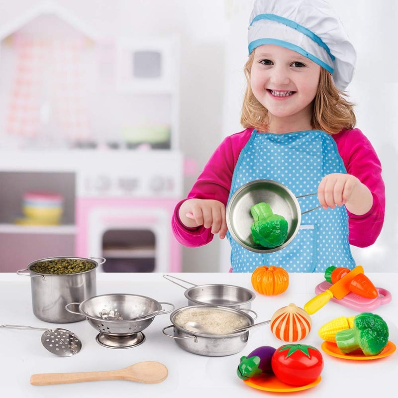 D-FantiX Play Kitchen Accessories  Kids Play Pots and Pans Playset with Mini Stainless Steel Pretend Play Cooking Toys  Cookware Utensils  Apron and Chef Hat  Cutting Food for Toddler Boys Girls - Image 5